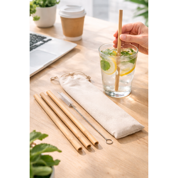 סט קשים מבמבוק עם נרתיק כותנה ומברשת ניקוי